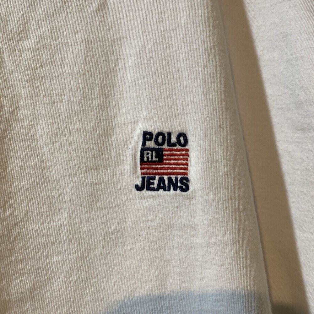 vtg 90s POLO JEANS CO Ralph Lauren Cotton Crew T-Shirt Baseball White sz L - Picture 2 of 4